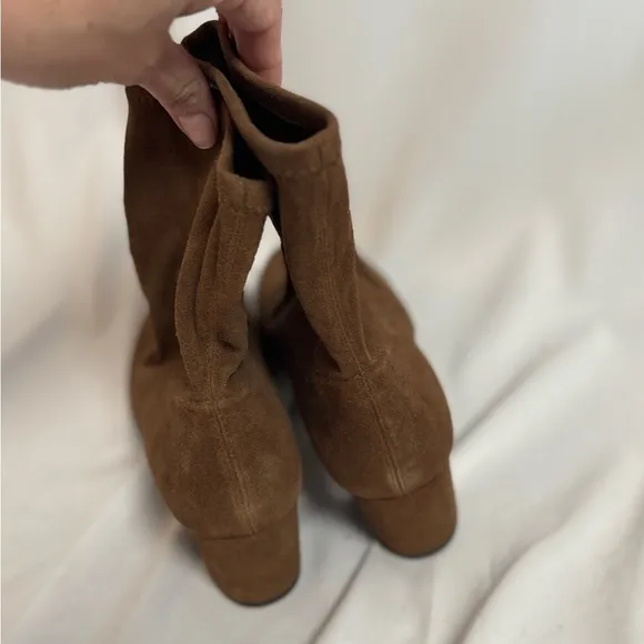 Stuart Weitzman Sofia 50 Block Heel Suede Sock Boots Brown Stretch Womens 7.5