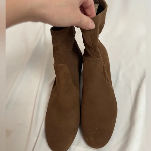 Stuart Weitzman Sofia 50 Block Heel Suede Sock Boots Brown Stretch Womens 7.5