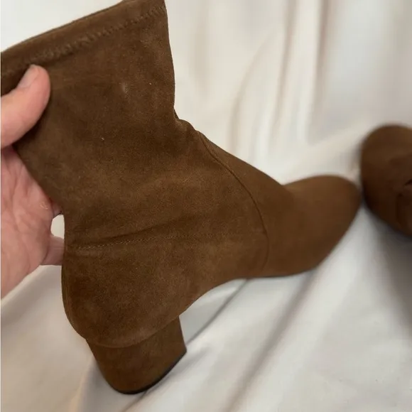 Stuart Weitzman Sofia 50 Block Heel Suede Sock Boots Brown Stretch Womens 7.5