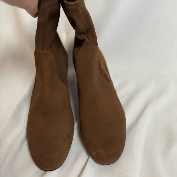 Stuart Weitzman Sofia 50 Block Heel Suede Sock Boots Brown Stretch Womens 7.5