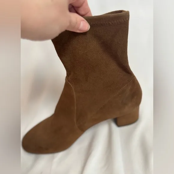 Stuart Weitzman Sofia 50 Block Heel Suede Sock Boots Brown Stretch Womens 7.5