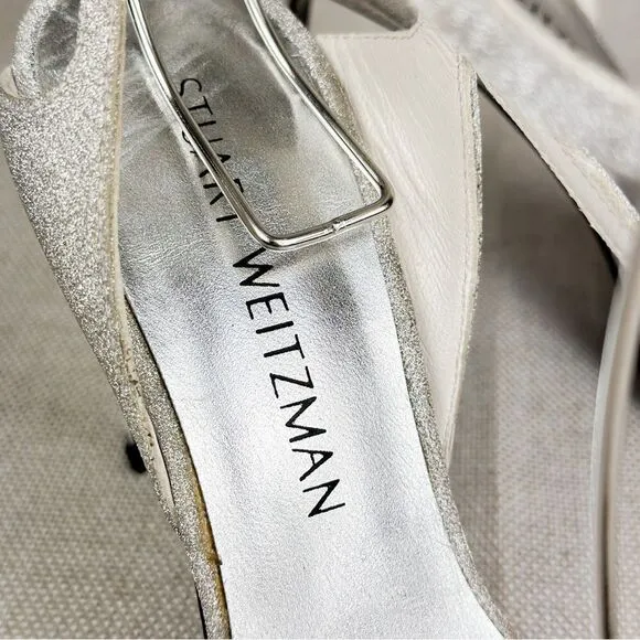 STUART WEITZMAN Sultry Plata Glitterati silver glitter slingback strappy sz 6M
