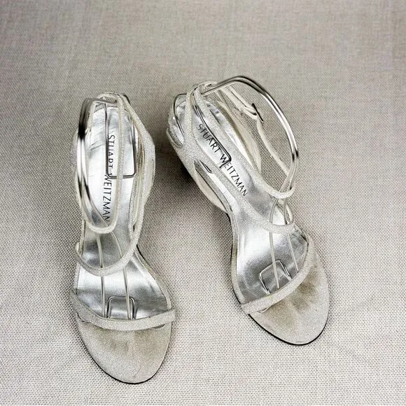 STUART WEITZMAN Sultry Plata Glitterati silver glitter slingback strappy sz 6M