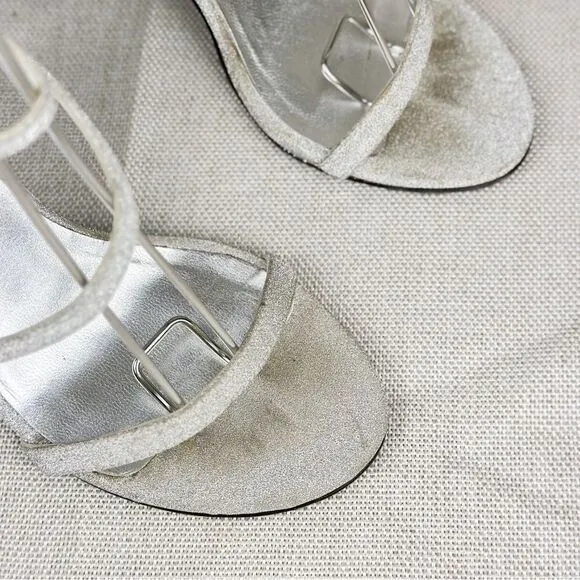 STUART WEITZMAN Sultry Plata Glitterati silver glitter slingback strappy sz 6M
