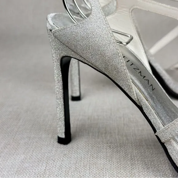STUART WEITZMAN Sultry Plata Glitterati silver glitter slingback strappy sz 6M