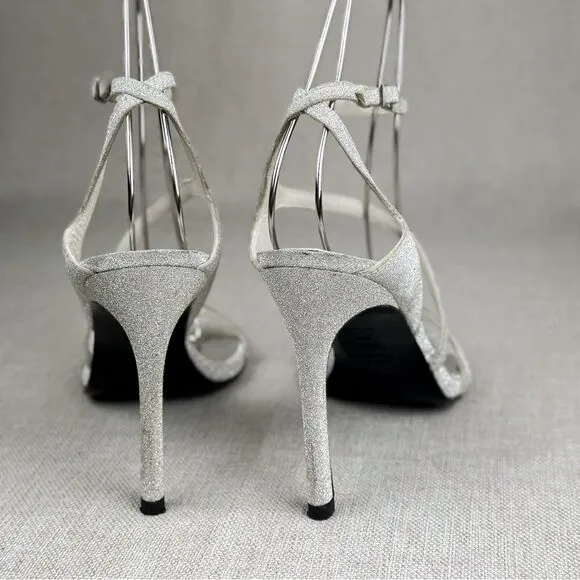 STUART WEITZMAN Sultry Plata Glitterati silver glitter slingback strappy sz 6M