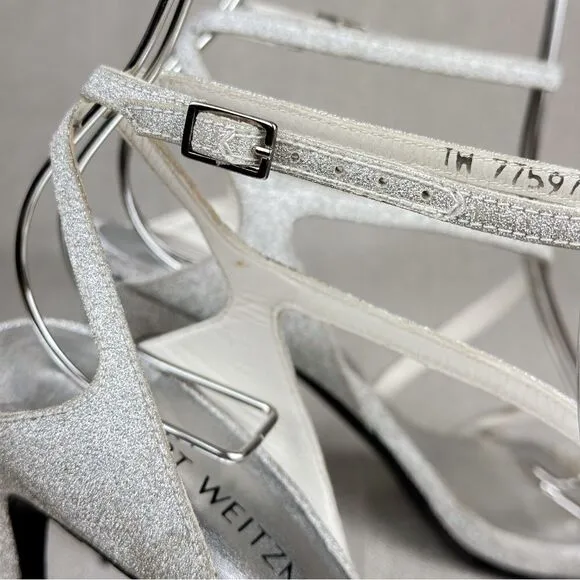 STUART WEITZMAN Sultry Plata Glitterati silver glitter slingback strappy sz 6M