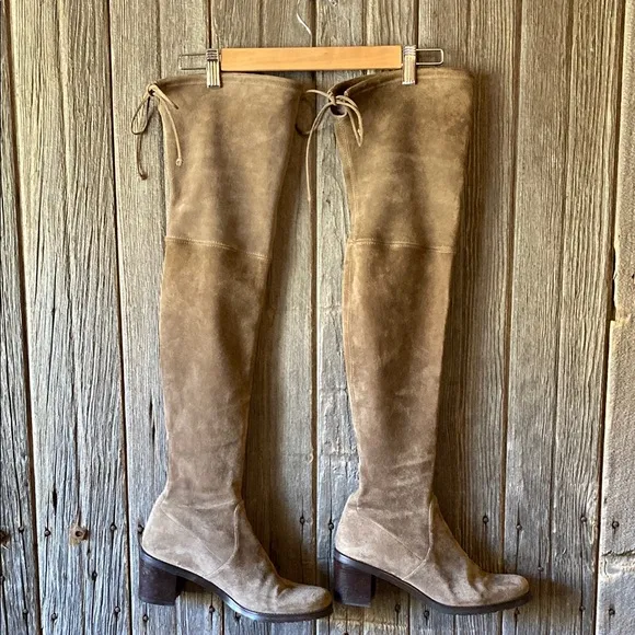 Stuart Weitzman Tieland Over-the-Knee Stretch Suede boots in taupe