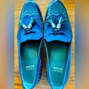 Stuart Weitzman women's blue suede and leather wingtip loafers size 8.5 NWOB.