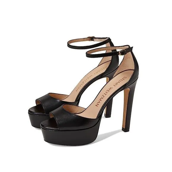 Stuart Weitzman Womens DISCOPLATFORM SANDALS Size 9.5 Black Leather Heels EUC