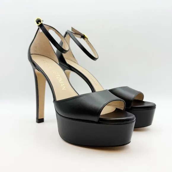 Stuart Weitzman Womens DISCOPLATFORM SANDALS Size 9.5 Black Leather Heels EUC