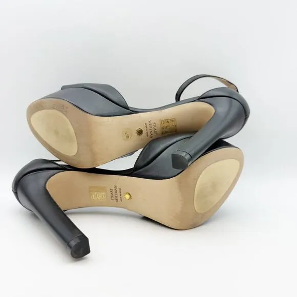 Stuart Weitzman Womens DISCOPLATFORM SANDALS Size 9.5 Black Leather Heels EUC