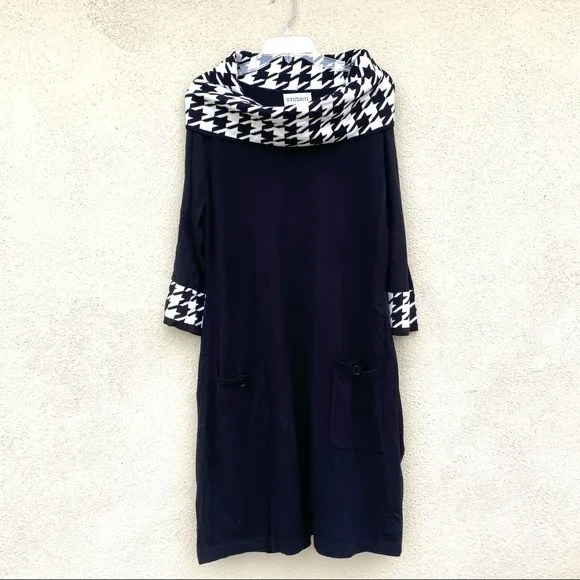 STUDIO I sweater dress houndstooth black white knit shift pockets Plus size 1X