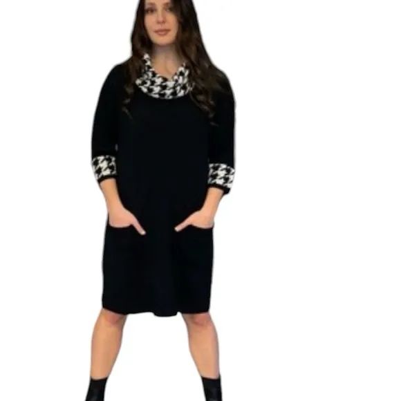 STUDIO I sweater dress houndstooth black white knit shift pockets Plus size 1X