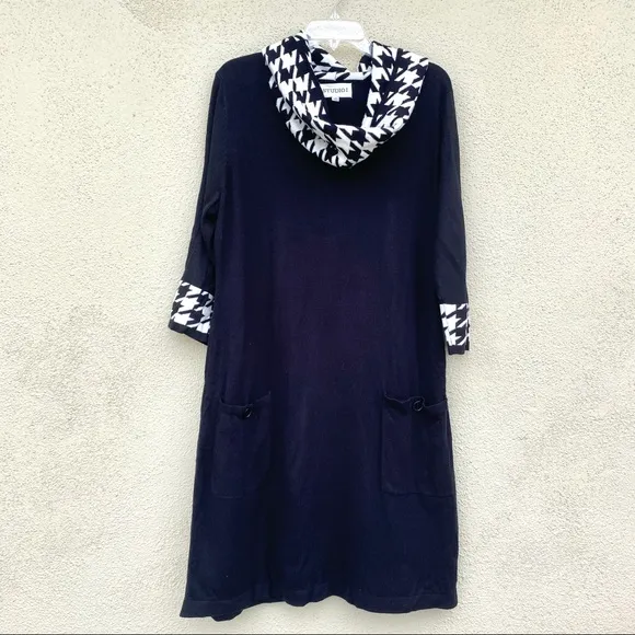 STUDIO I sweater dress houndstooth black white knit shift pockets Plus size 1X