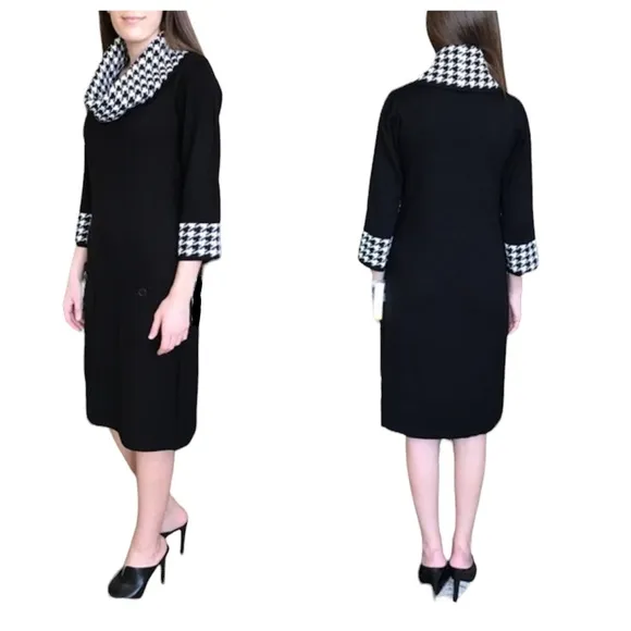 STUDIO I sweater dress houndstooth black white knit shift pockets Plus size 1X