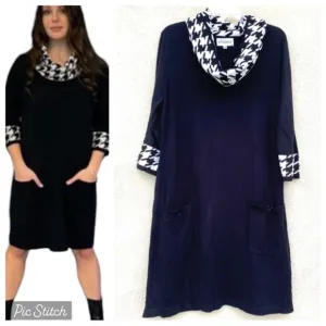 STUDIO I sweater dress houndstooth black white knit shift pockets Plus size 1X