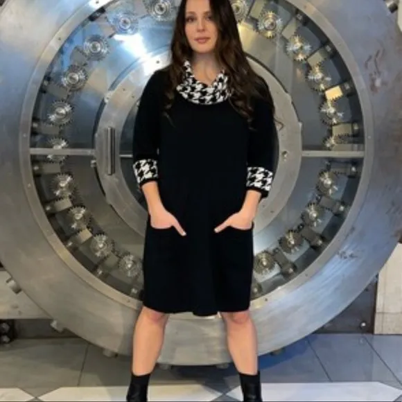 STUDIO I sweater dress houndstooth black white knit shift pockets Plus size 1X