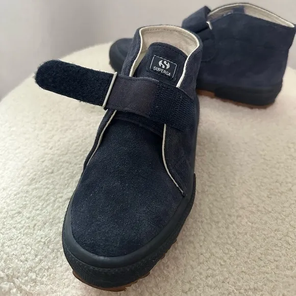 Superga 2173 Kids Strap Slip On Leather Suede Ankle Sneaker Boots Full Blue 12
