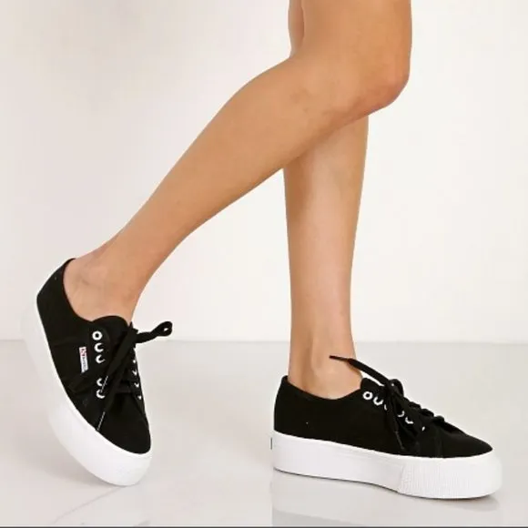 SUPERGA Black Canvas Platform Sneakers