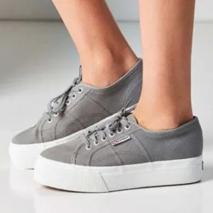 SUPERGA Grey Canvas Lace Up Platform Sneakers