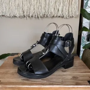Surface to Air Black Leather Double Ankle Wrap Silver Buckle Block Heel Sandal