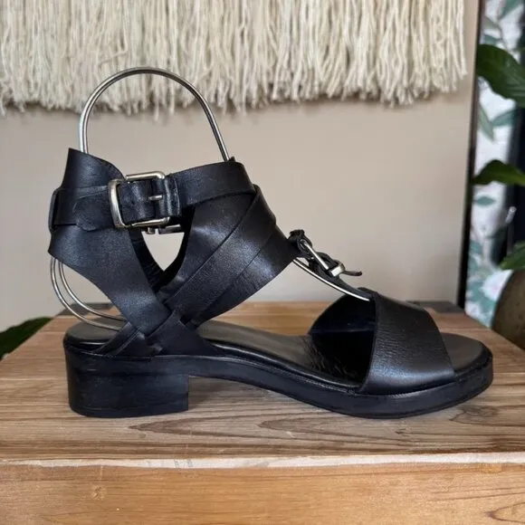 Surface to Air Black Leather Double Ankle Wrap Silver Buckle Block Heel Sandal