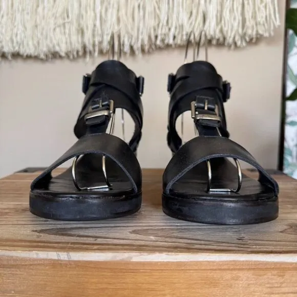Surface to Air Black Leather Double Ankle Wrap Silver Buckle Block Heel Sandal