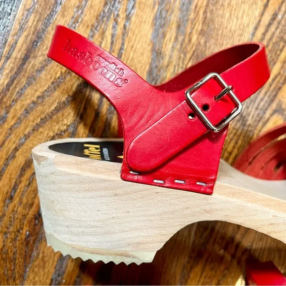 Swedish Hasbeens strappy cherry red peep toe clog sandals