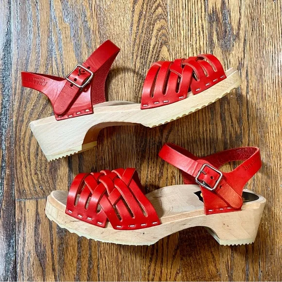 Swedish Hasbeens strappy cherry red peep toe clog sandals