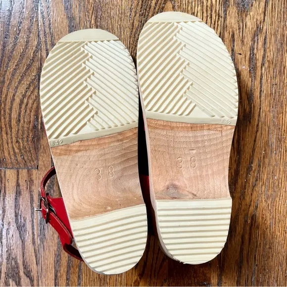 Swedish Hasbeens strappy cherry red peep toe clog sandals
