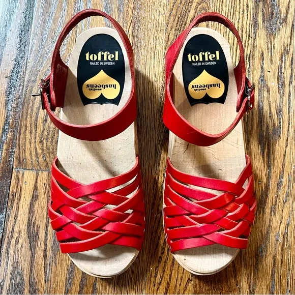 Swedish Hasbeens strappy cherry red peep toe clog sandals
