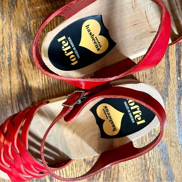Swedish Hasbeens strappy cherry red peep toe clog sandals