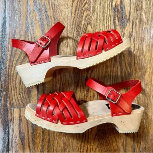 Swedish Hasbeens strappy cherry red peep toe clog sandals