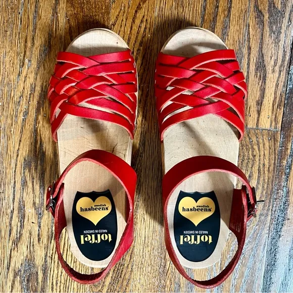 Swedish Hasbeens strappy cherry red peep toe clog sandals