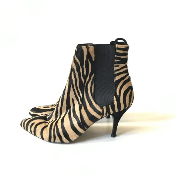 Tabitha Simmons Irwin Zebra Boots Booties Womens 37.5 7.5 Black Tan Ankle Heels