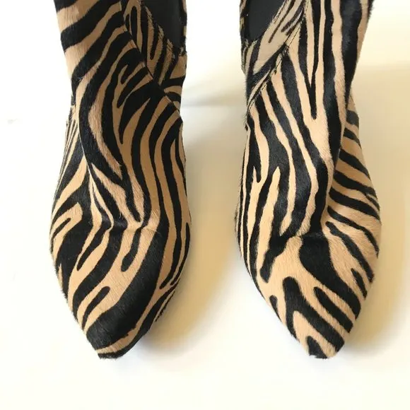 Tabitha Simmons Irwin Zebra Boots Booties Womens 37.5 7.5 Black Tan Ankle Heels