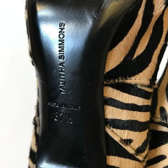 Tabitha Simmons Irwin Zebra Boots Booties Womens 37.5 7.5 Black Tan Ankle Heels