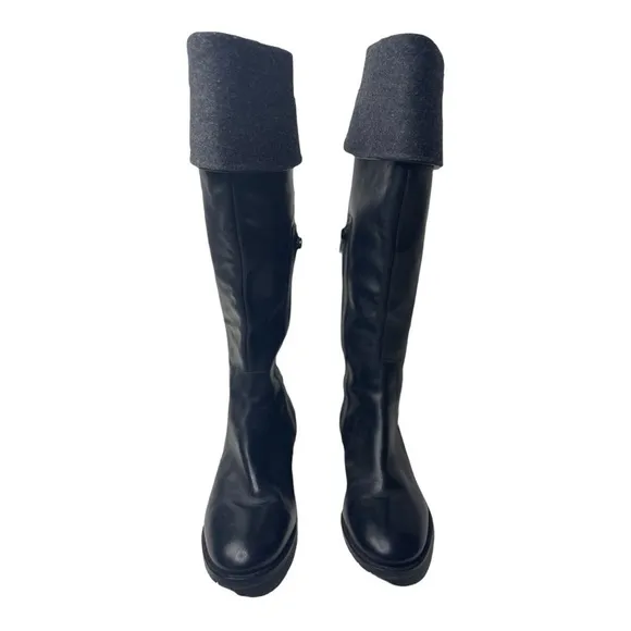 Talbots Women’s Black Leather Fold Over Grey Cuff  Riding Boots