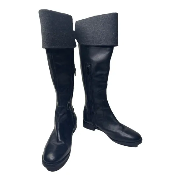 Talbots Women’s Black Leather Fold Over Grey Cuff  Riding Boots
