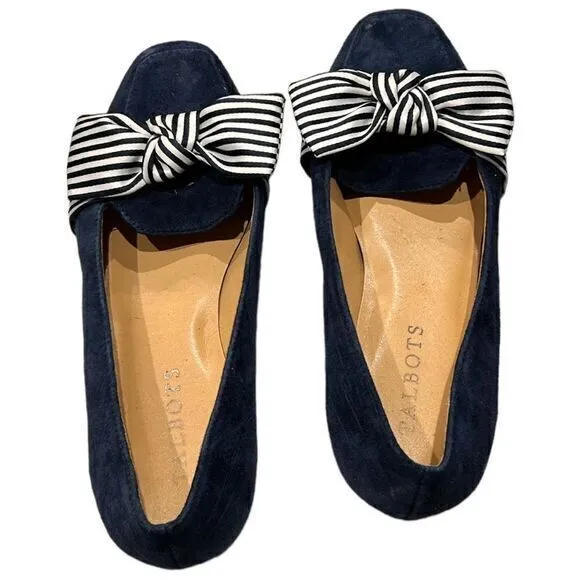 Talbots Women's Stella Stripe Bow‎ Knot Suede Loafers Navy Blue Size 6.5