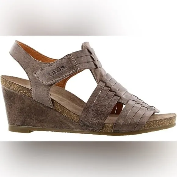 Taos Sandals Women Weave Slingback Strappy Beige Leather Wedge Heels