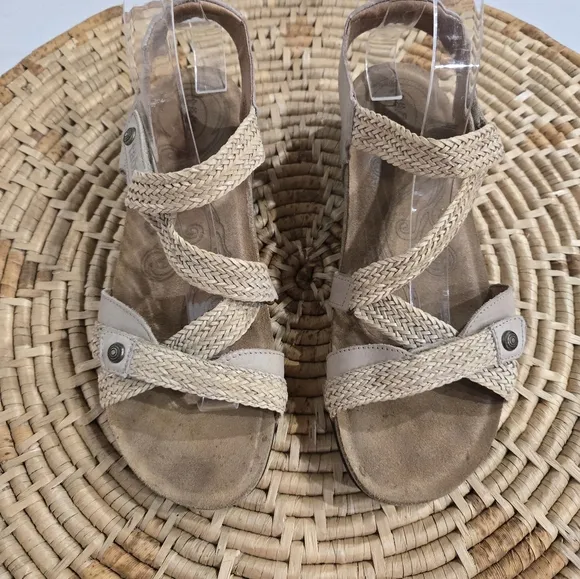 Taos Trulie Woven Leather Tan Strappy Low Wedge Sandals