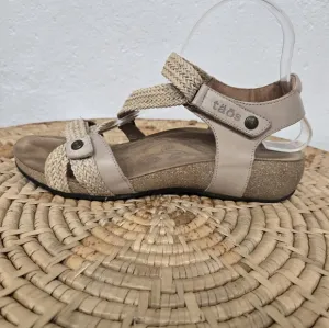 Taos Trulie Woven Leather Tan Strappy Low Wedge Sandals