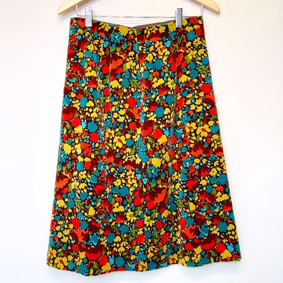 Tessuto | VTG Retro Brady Bunch Floral Pattern Velvet Skater Mini Skirt