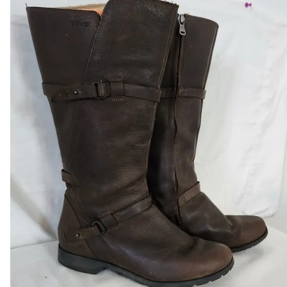 Teva Leather Riding Boots Full Zip Buckle Strap Brown Boots Size 8