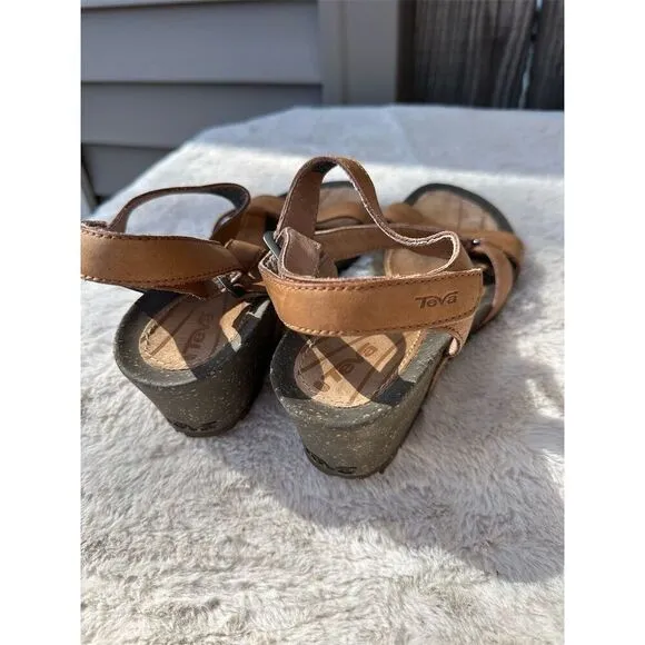 Teva Women's Brown Leather Strappy Wedge Sandals Size 9.5 Casual Summer