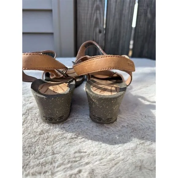 Teva Women's Brown Leather Strappy Wedge Sandals Size 9.5 Casual Summer