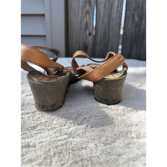 Teva Women's Brown Leather Strappy Wedge Sandals Size 9.5 Casual Summer