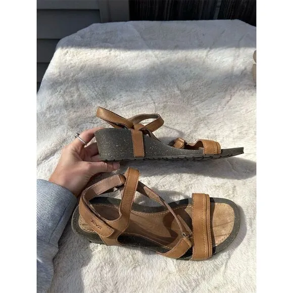 Teva Women's Brown Leather Strappy Wedge Sandals Size 9.5 Casual Summer